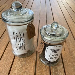 Bundle of Rae Dunn Bee 🐝 Kind (hair ties) and Take One (cotton balls) glass